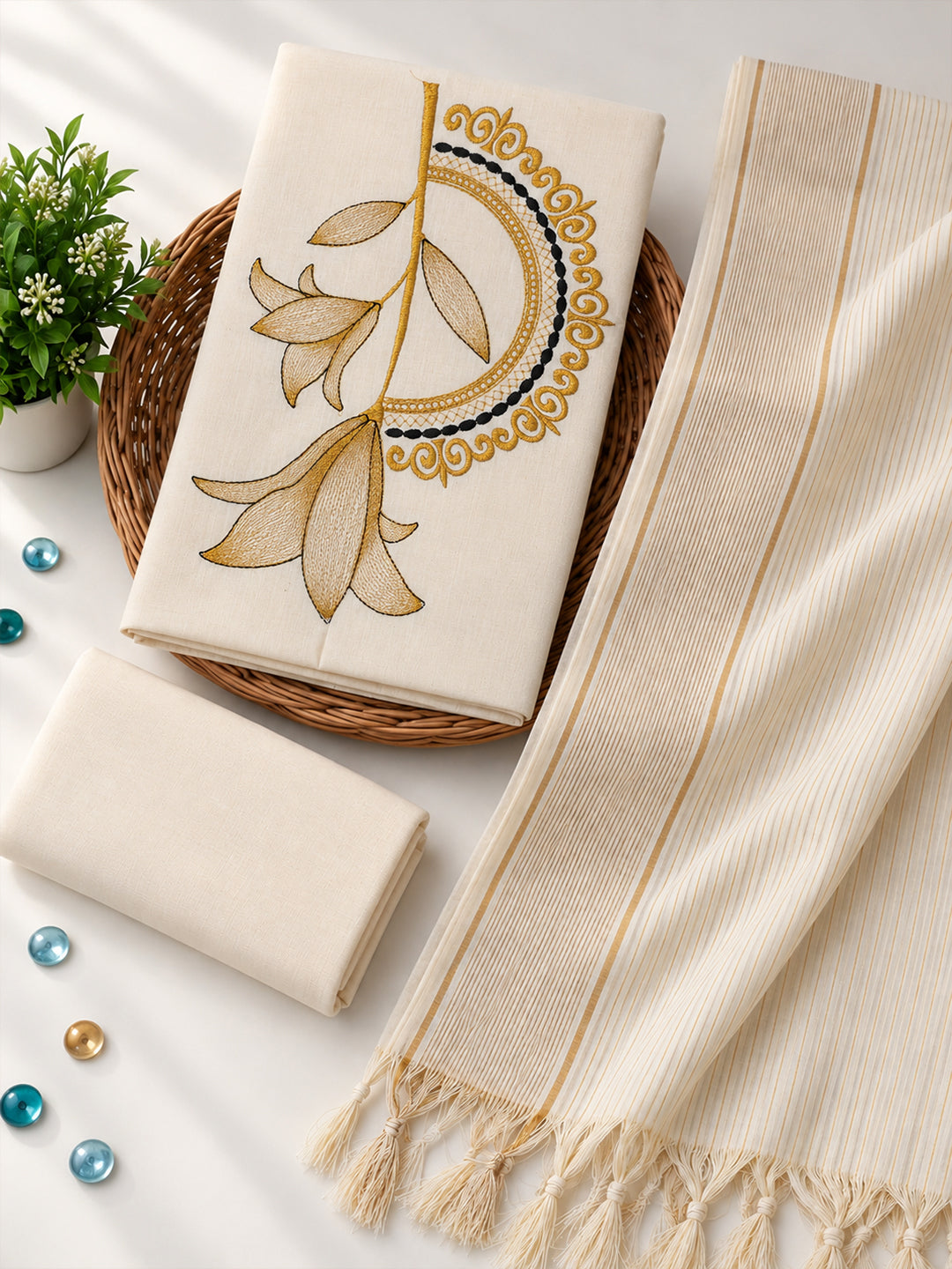 Women Kora Cotton Cream Embroidered Dress Material DM381