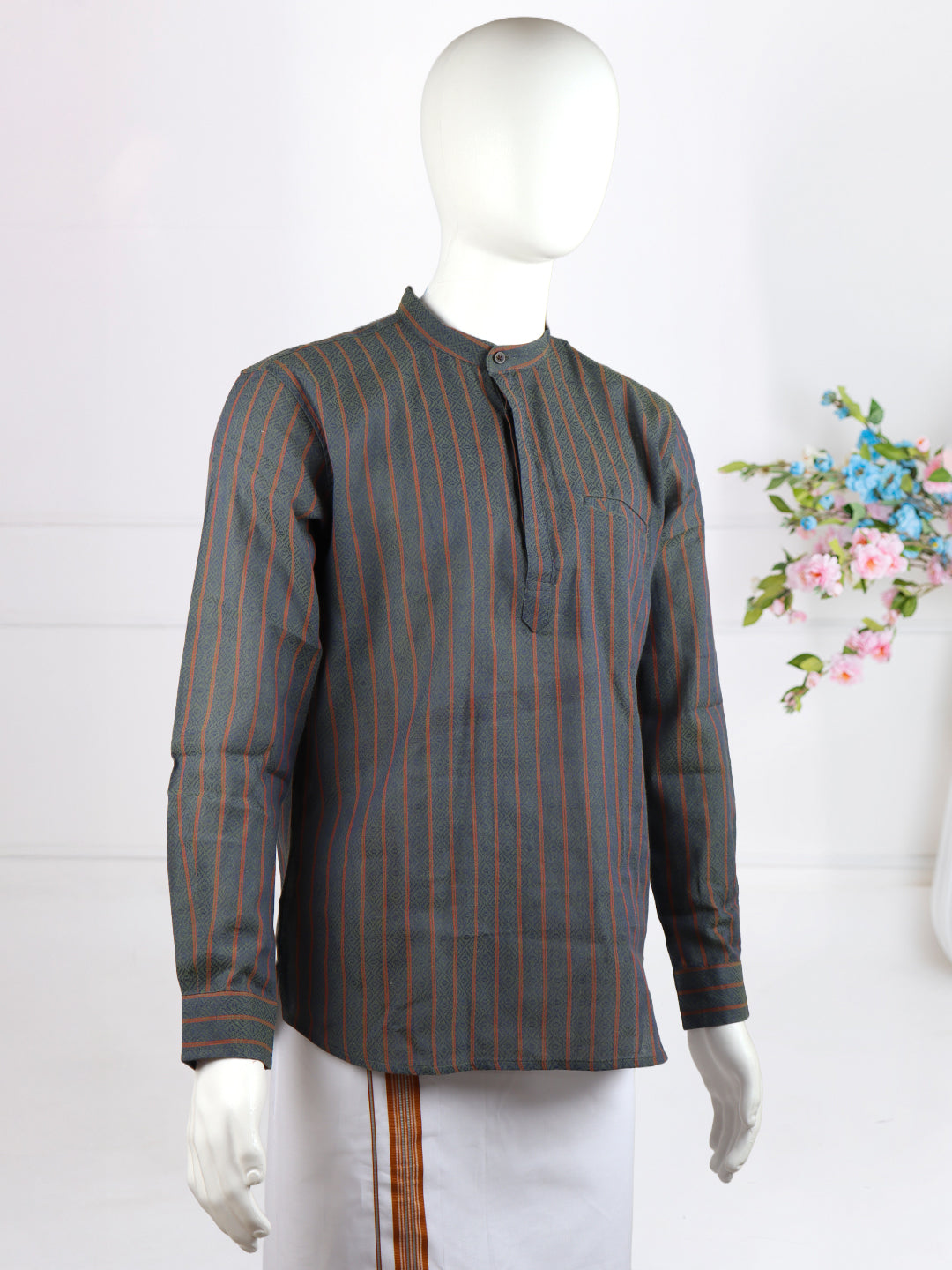 Men Cotton Short Length Self Design Pocket Kurta Bluish Green RJ38