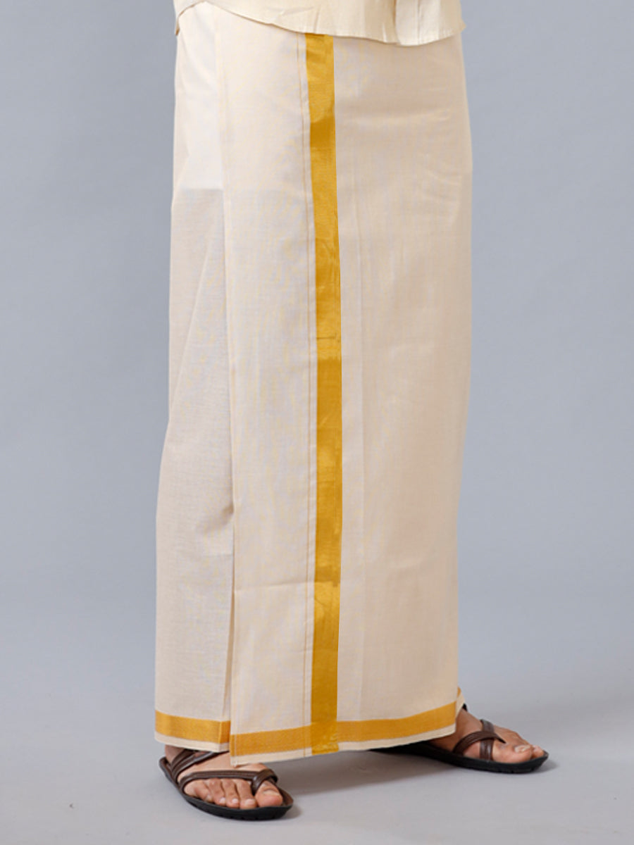 Mens Regular Single Tissue Dhoti with Gold Jari 11/2 Border Extreme Gold-Side view