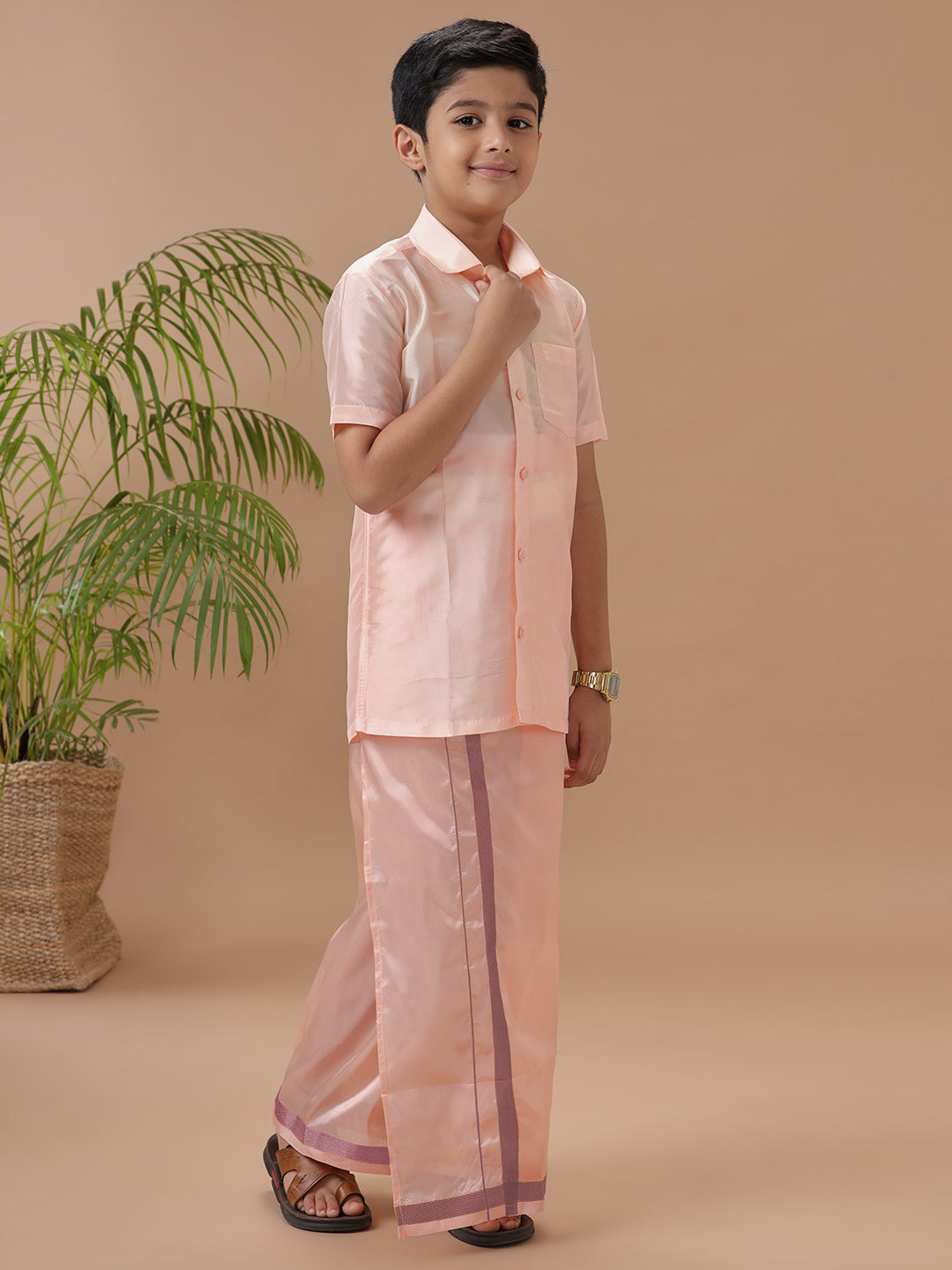 Boys Shirt & Dhoti Set Swayamvara Coral Pink
