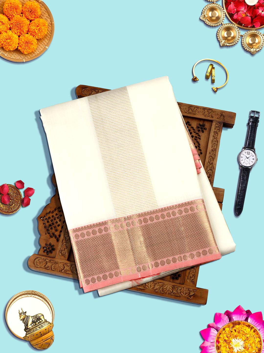 ens Premium Pure Silk Cream Dhoti With Angavastram,Pink gold Fancy Jari Border Amirtham-View one