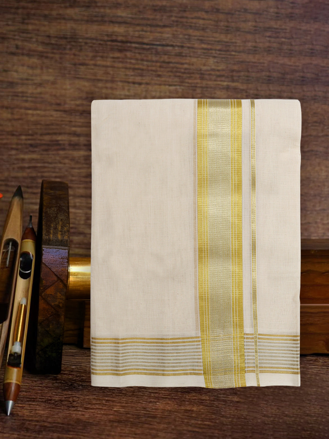 Men Premium Handloom Cream Dhoti with Fancy Jari Border HLM106