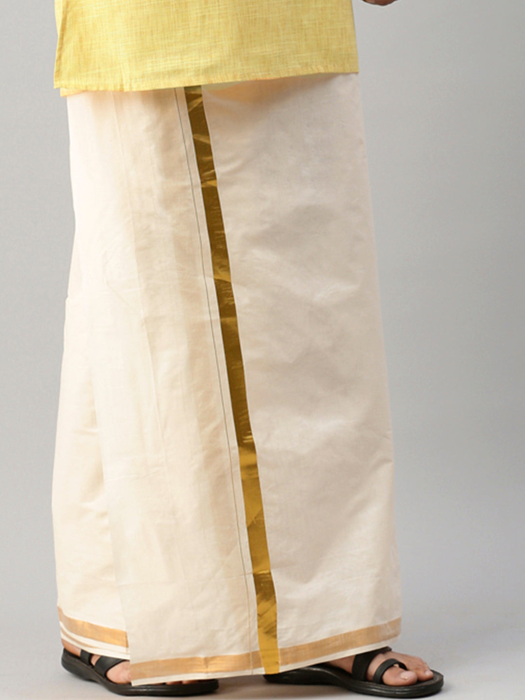 Mens Cotton Cream Double Dhoti with 1" Gold Jari Border Golden Mark-Side view