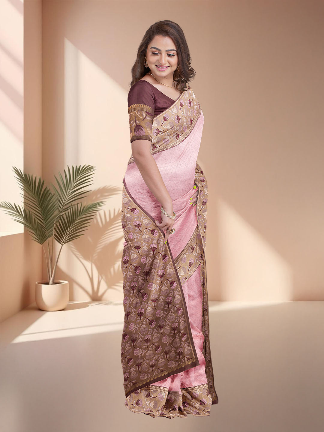 Women Pink Art Silk Printed Saree ASS75