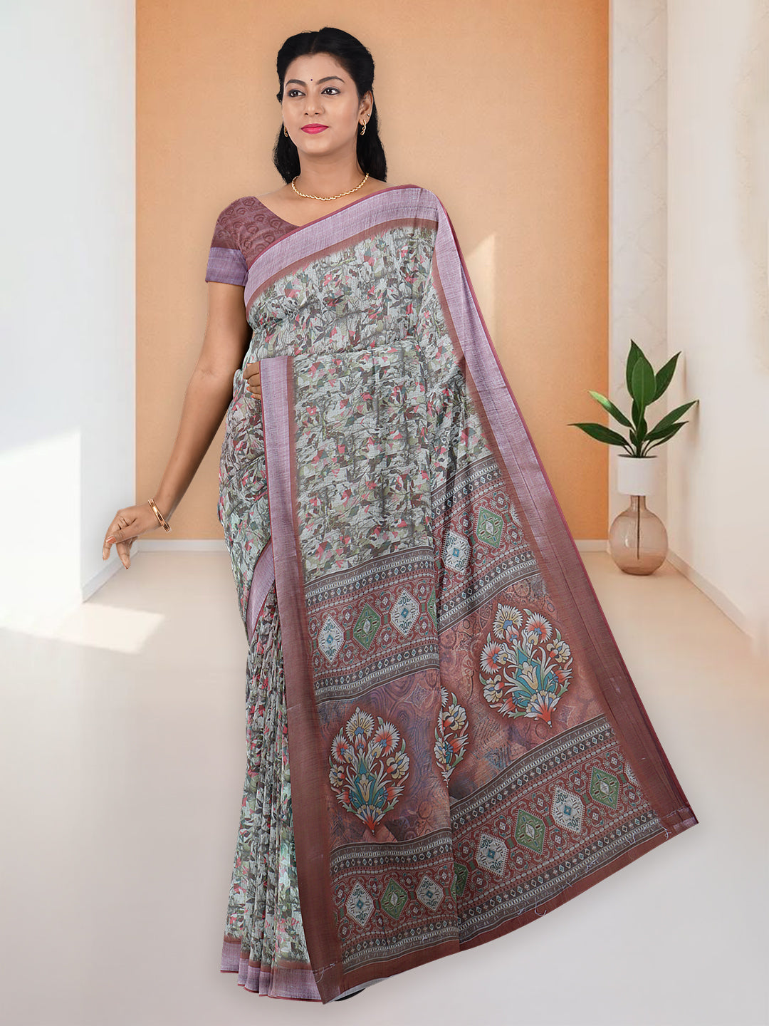 Women Green Semi Linen Saree SL224