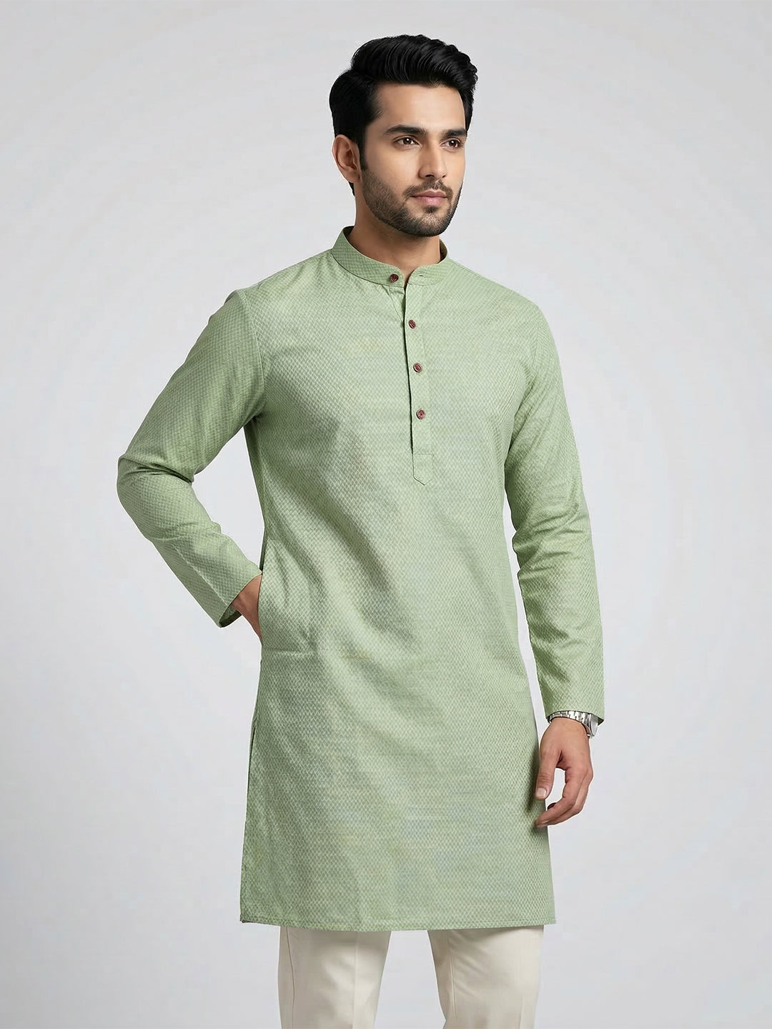 Cotton Medium Length Printed Pocket Kurta Green MHJ7