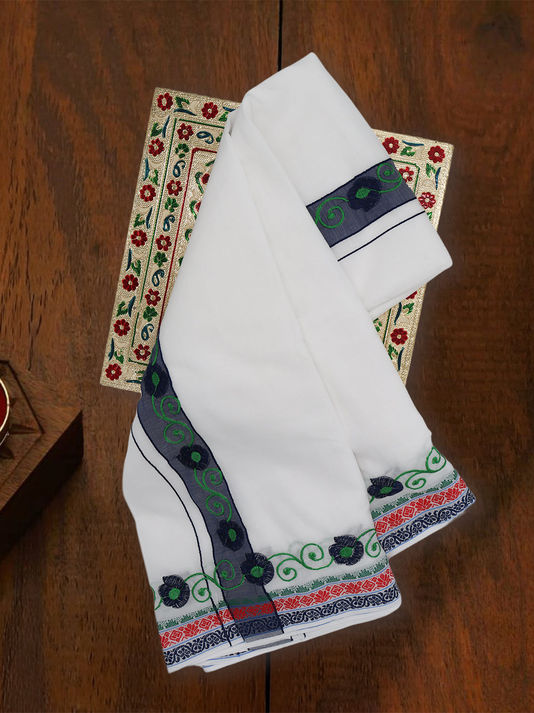 Men 100% Cotton Navy Fancy Border Panchakacham Set White(9+5)