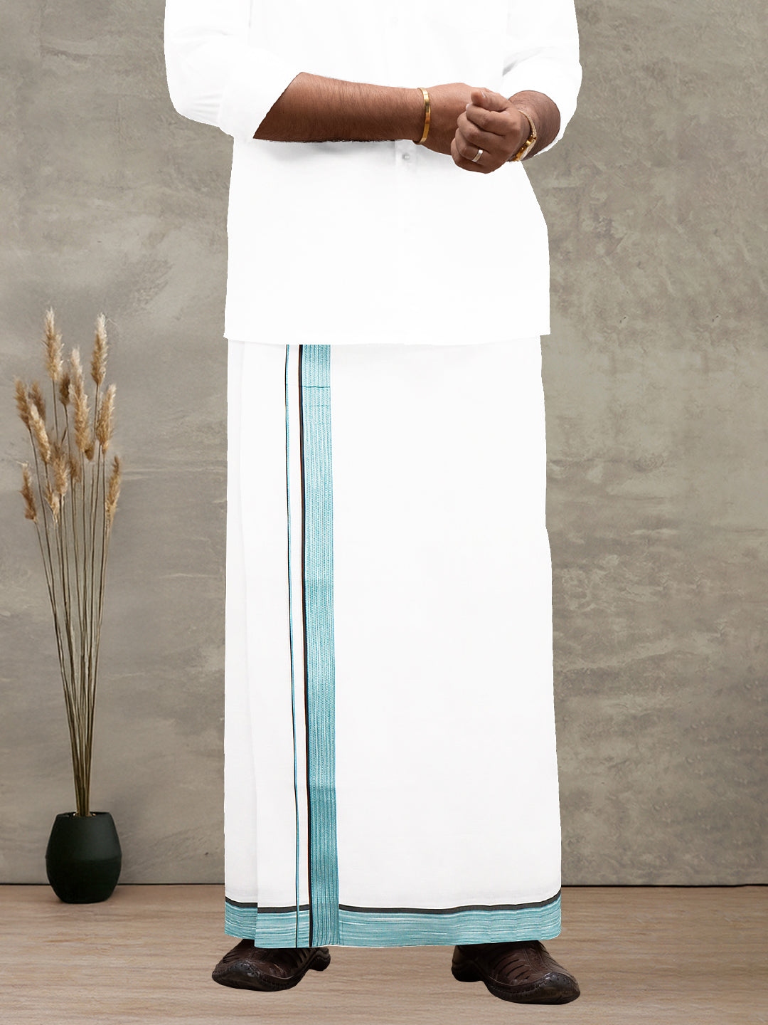 Men 100% Cotton Double Layer White Dhoti with Fancy Border PMF8