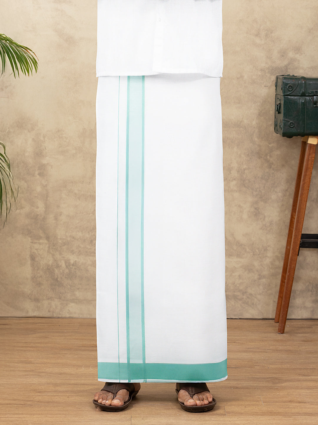 Men Cotton Blend Single Layer White Dhoti with Fancy Border WP24