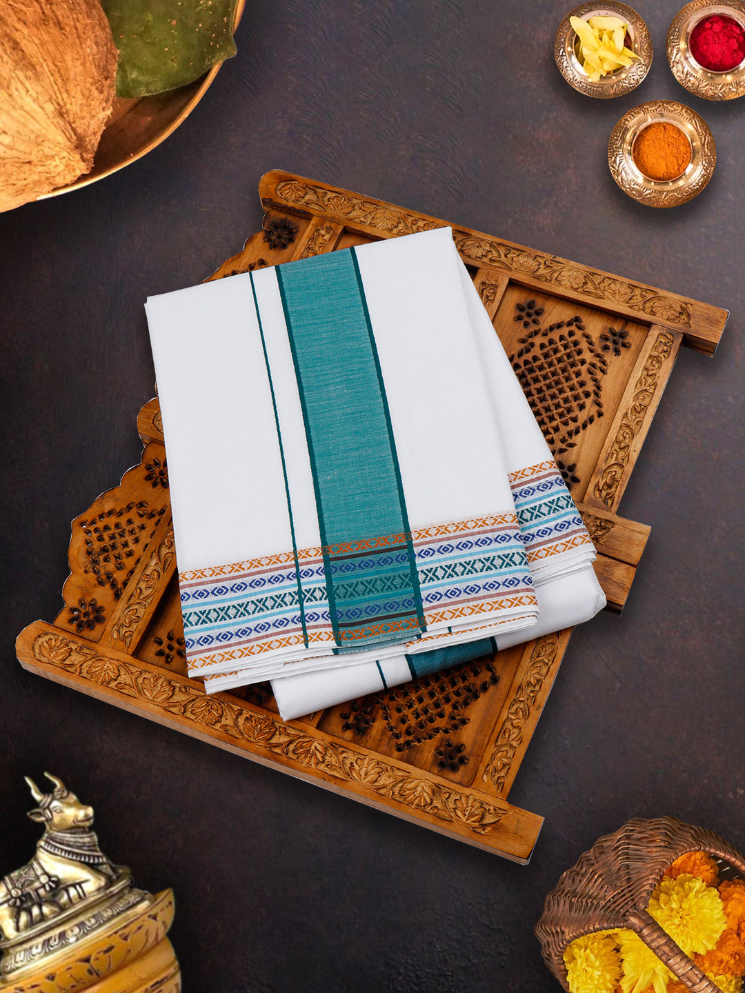 Mens White Panchakacham with Angavasthram Green Fancy Border Srirasthu (9+5)-view one
