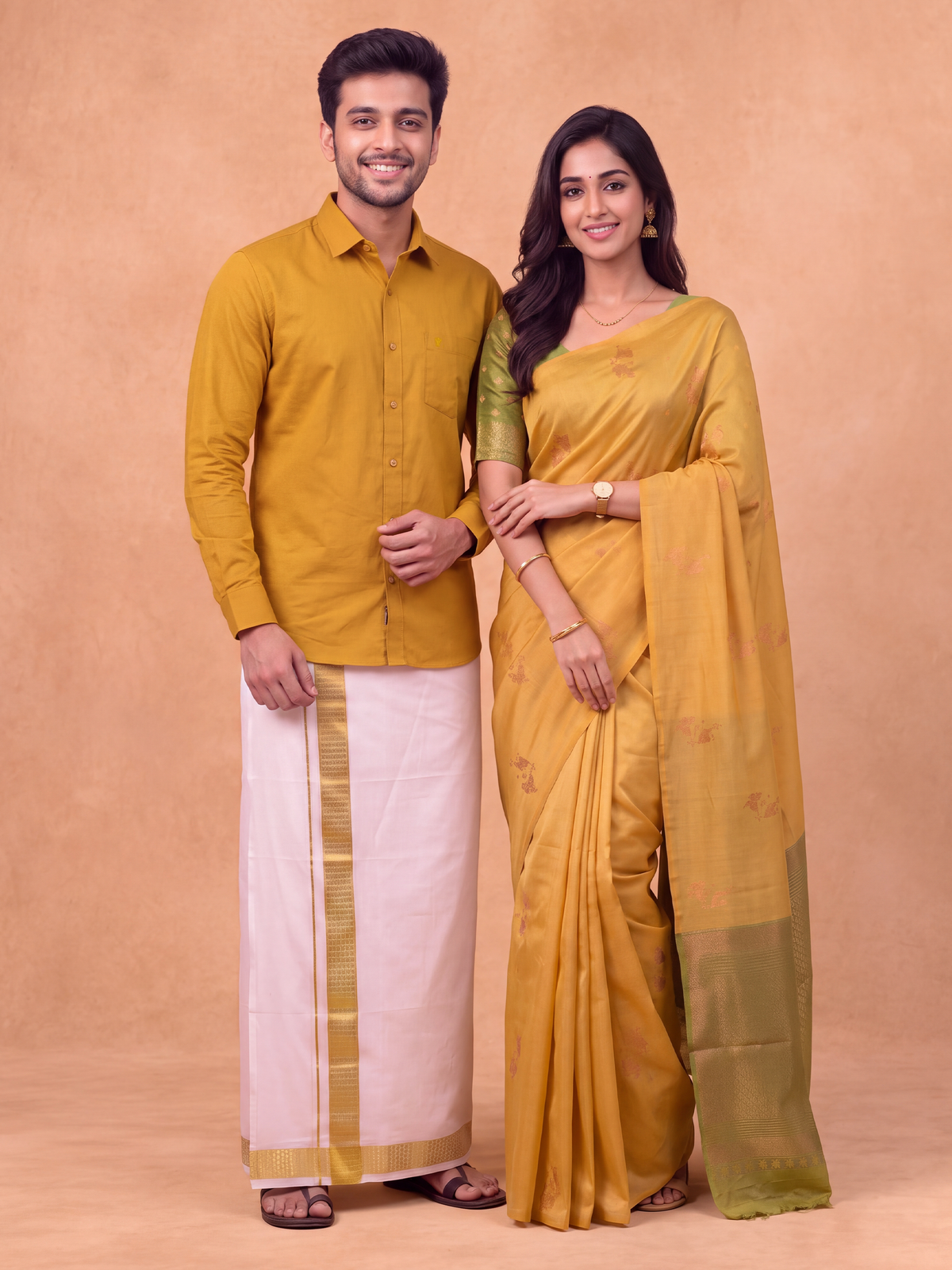 Couple Combo Shirt & Dhoti Set with Saree Mustard SS552