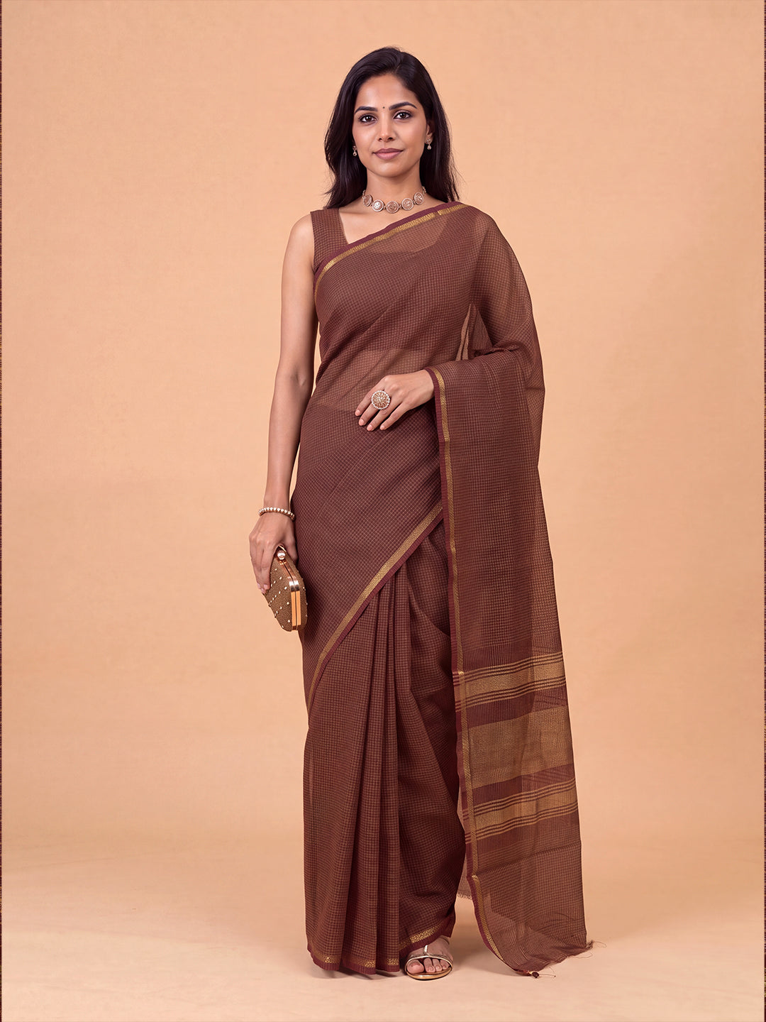 Women Chettinad Cotton Checks Maroon Saree CCS10