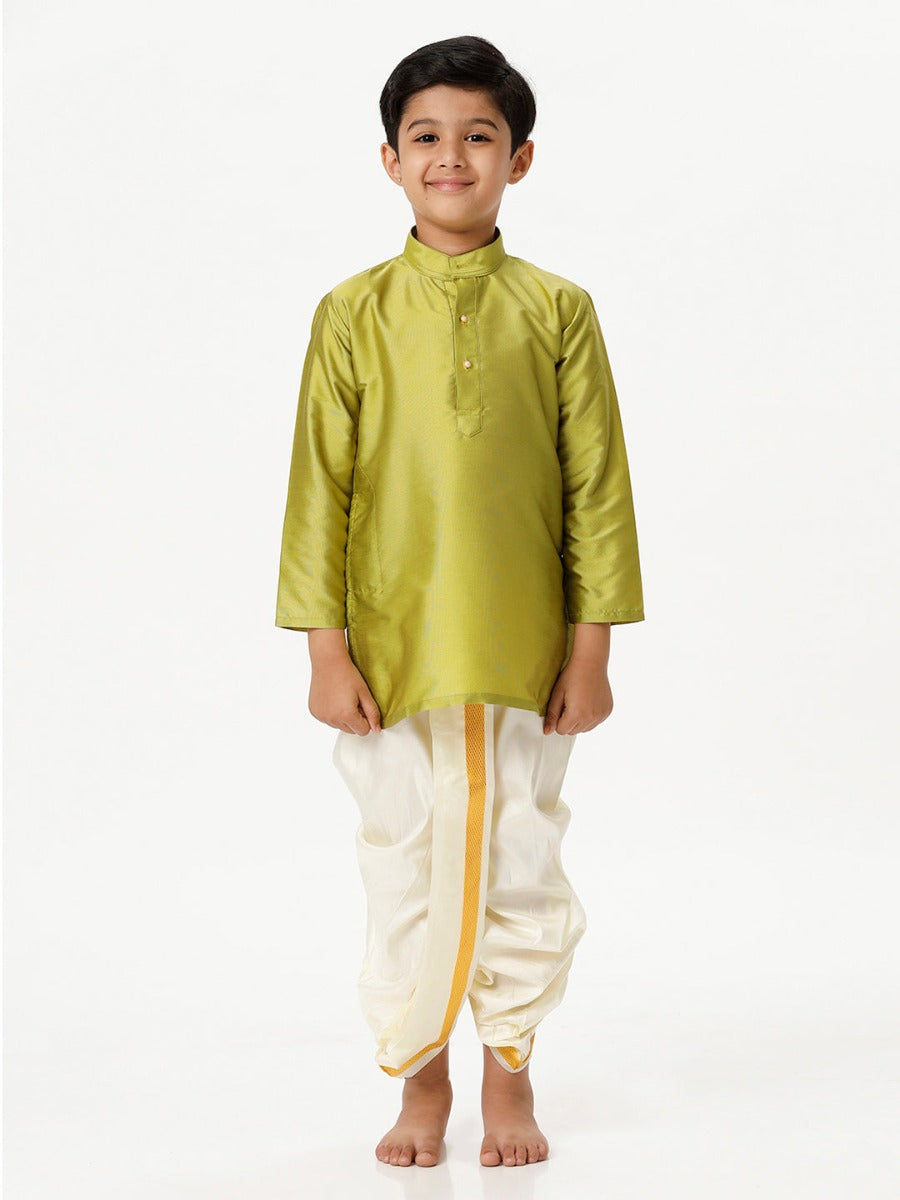 Boys Silk Cotton Full Sleeves Parrot Green Kurta with Panchakacham Combo
