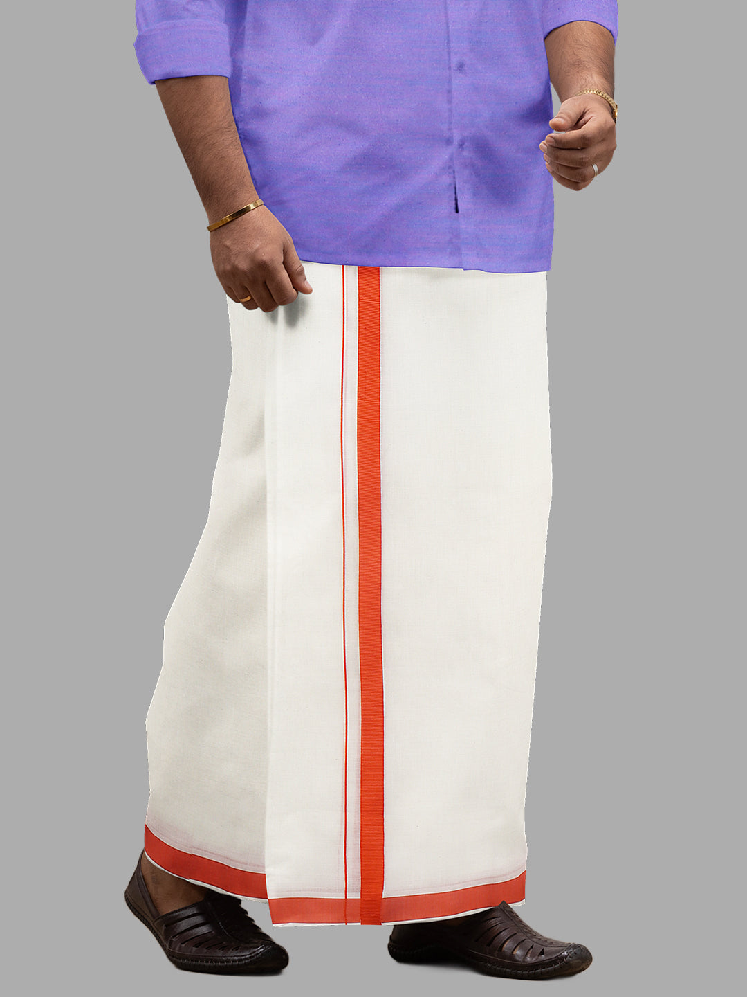 Men Kora Cotton Double Layer Dhoti with Orange Fancy Border LS04