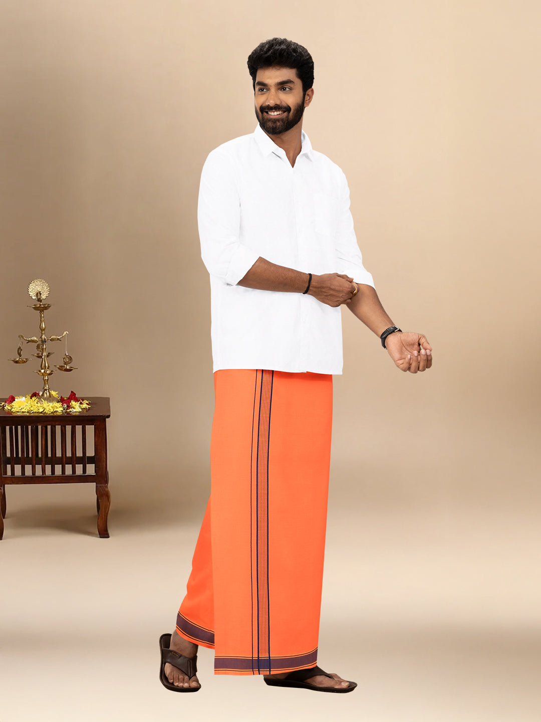 Men Cotton Blend Single Layer Orange Dhoti with Fancy Border Charming Line 16
