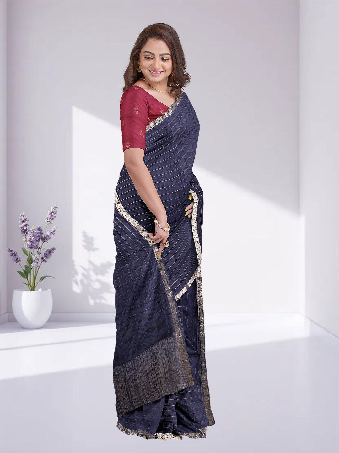 Women Navy Blue Semi Silk Saree SS346