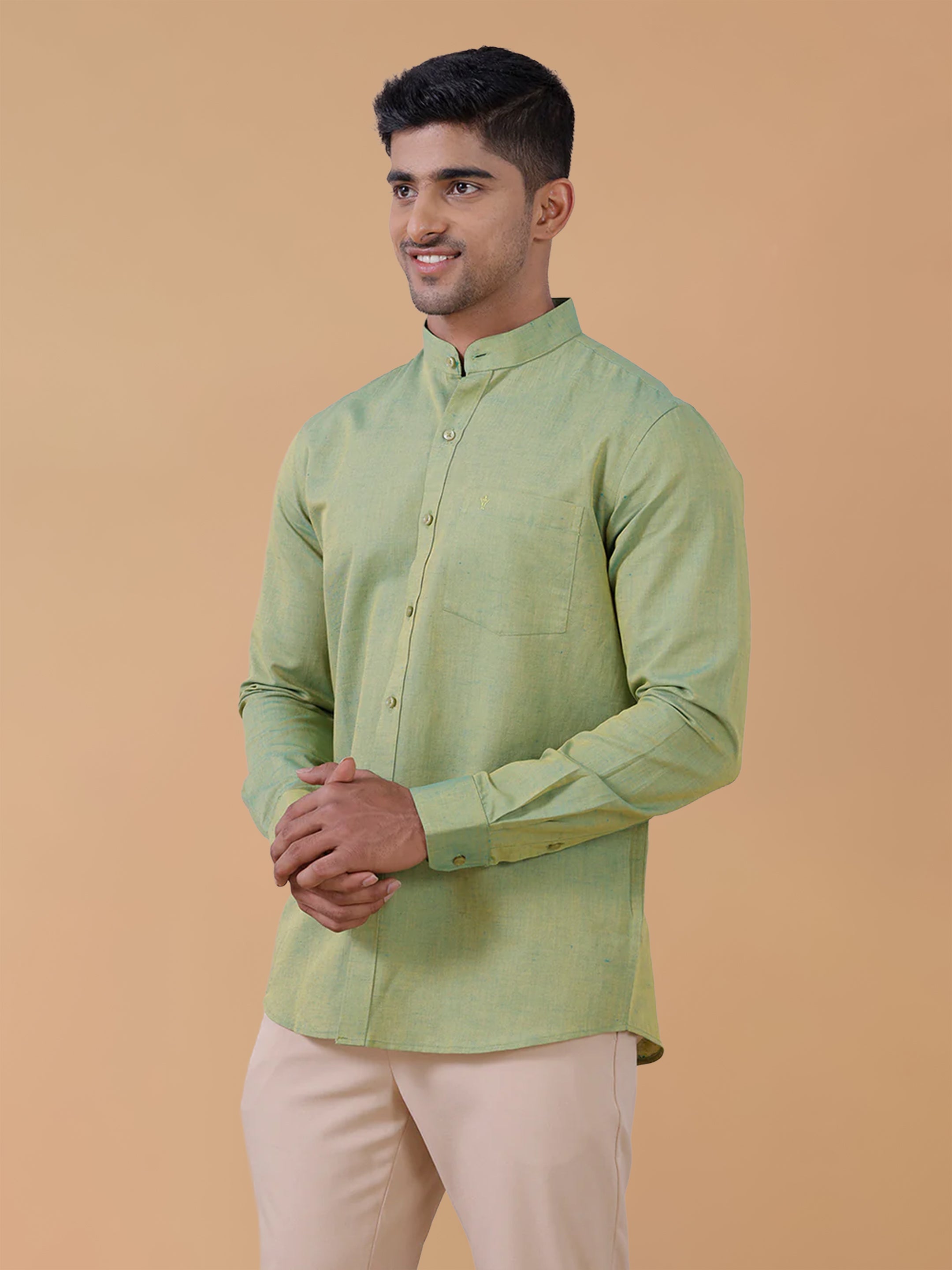 Linen Cotton Yellowish Green Chinese Collar Regular Fit Shirt LF9