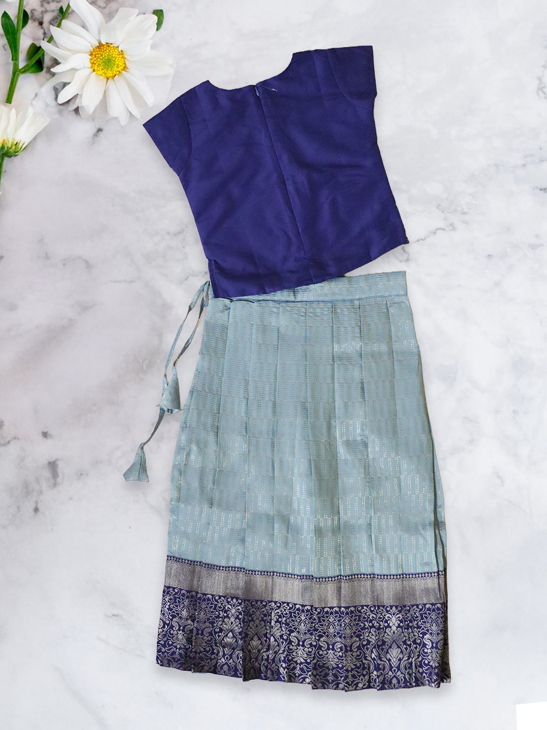 Girls Traditional Silk Cotton Skirt Set Blue GPS22