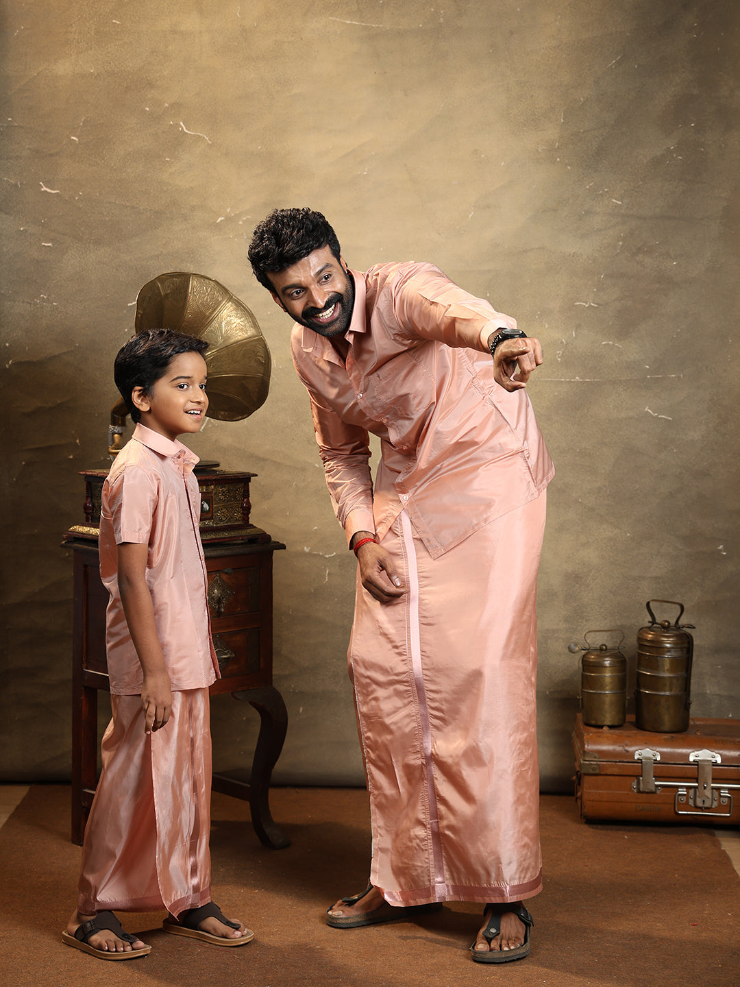 Father & Son Full Sleeves Art Silk Combo Swayamvara Copper Tone