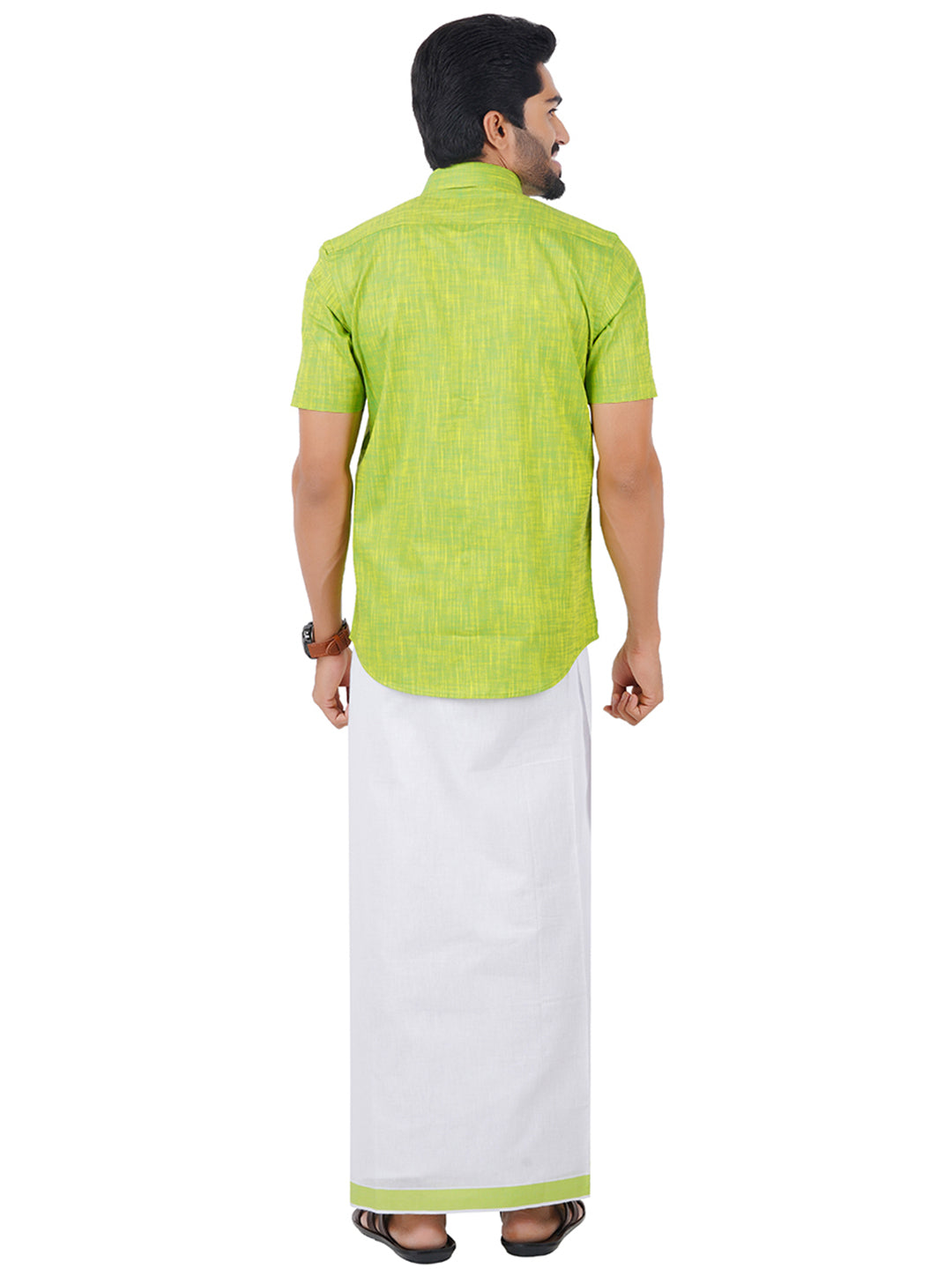 Mens Matching Border Dhoti & Shirt Set Half Green C82