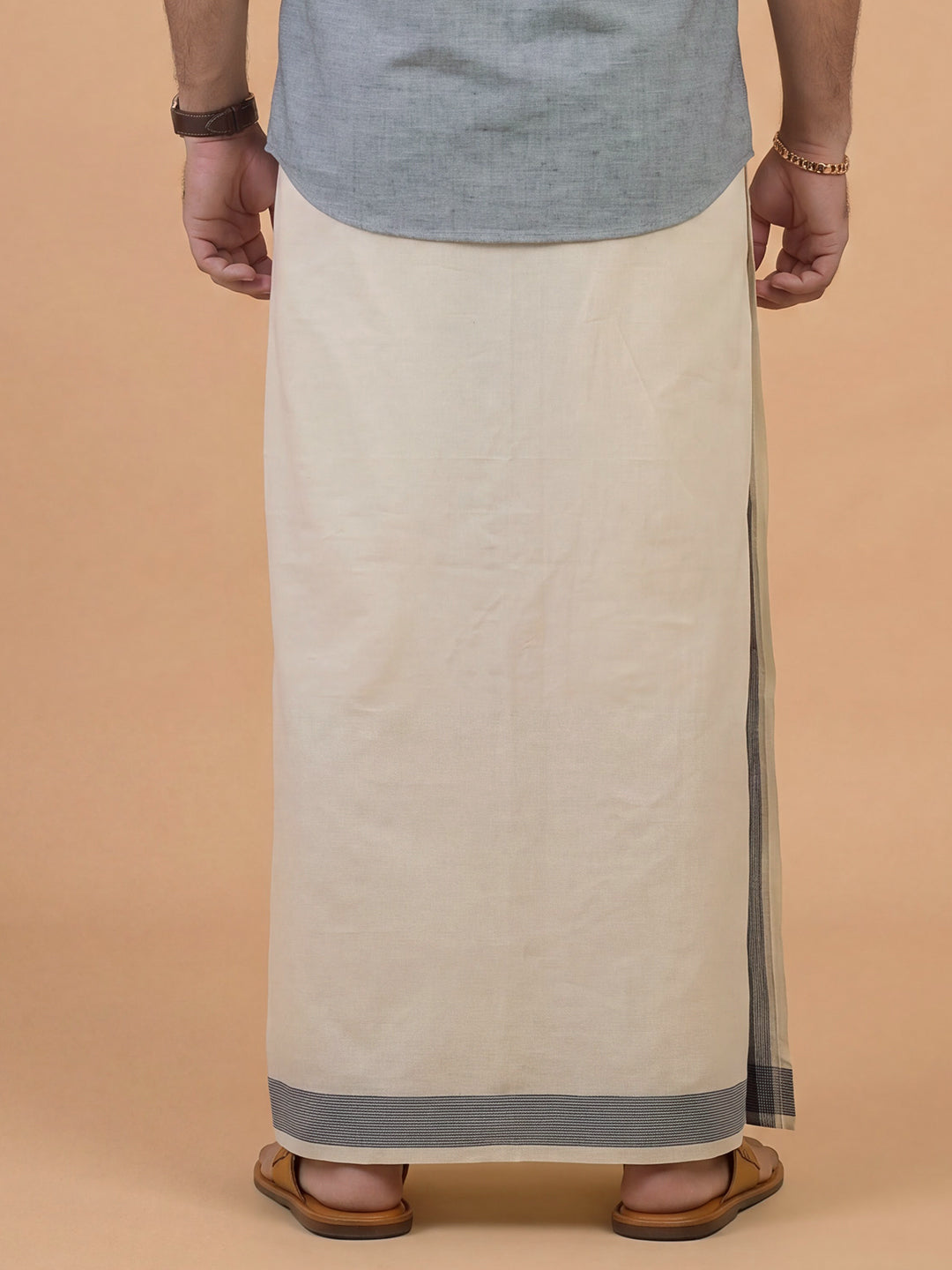 Double Layer Kora Cotton Cream Dhoti with Colour Jari Border - Excel 3.9m ESJ01