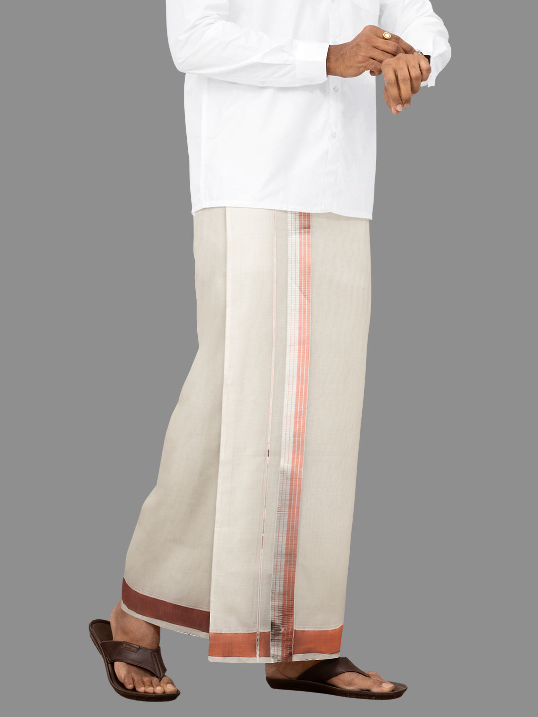 Men Kora Cotton Double Layer Dhoti with Copper & Silver Jari Border GC03