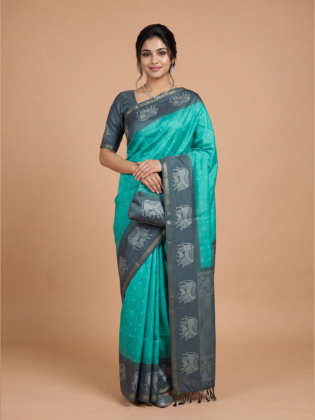 Women Semi Raw Silk Teal Green with Grey Fancy Printed Saree SRS126