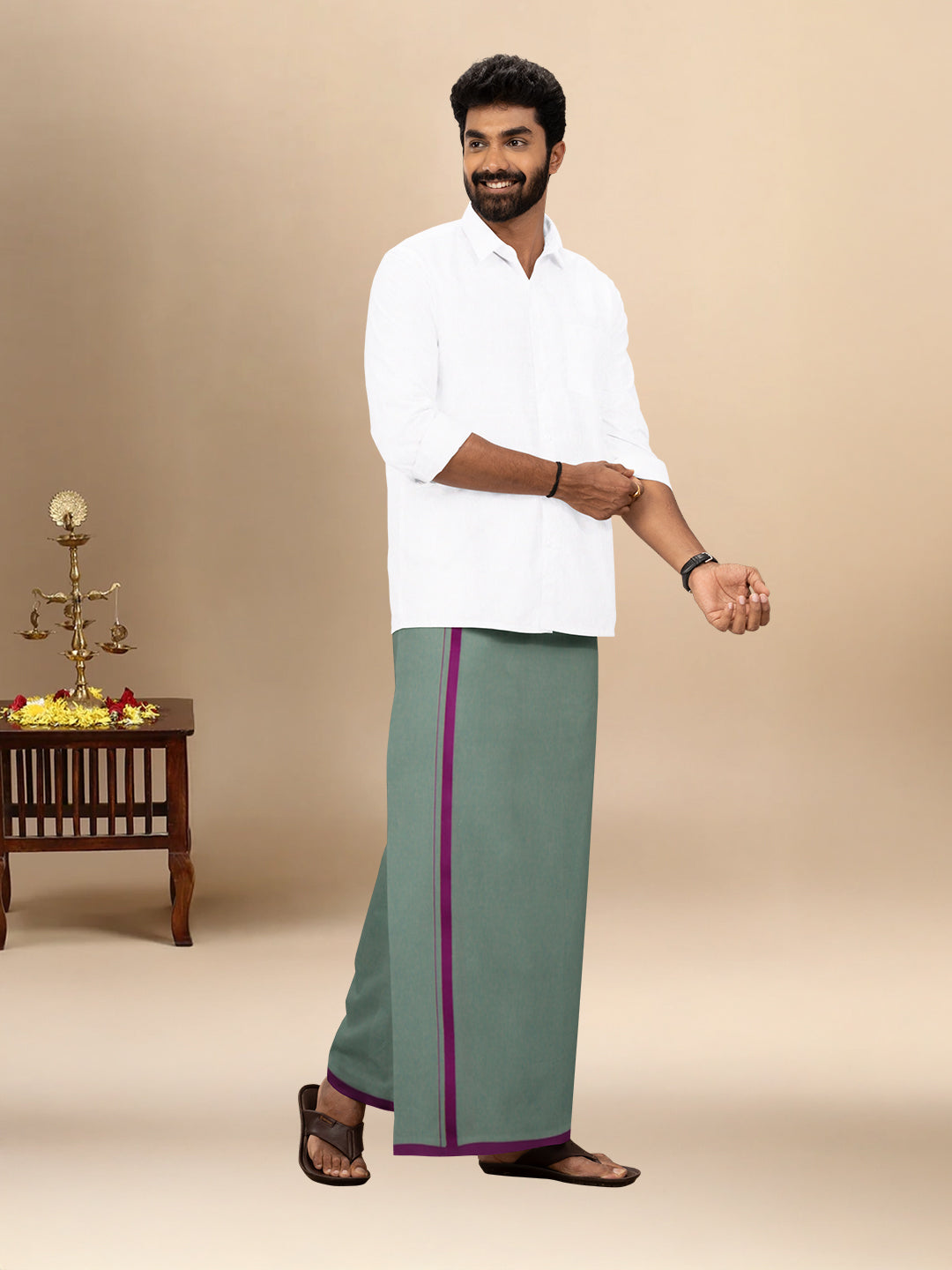 Men 100% Cotton Single Layer Cement Dhoti with Big Border Poojan
