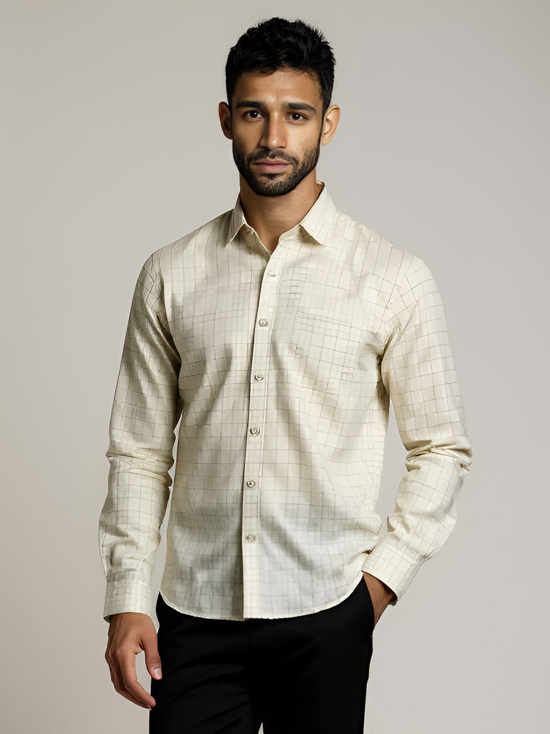 Men Pure Linen Checked Shirt Yellowish Green LS19