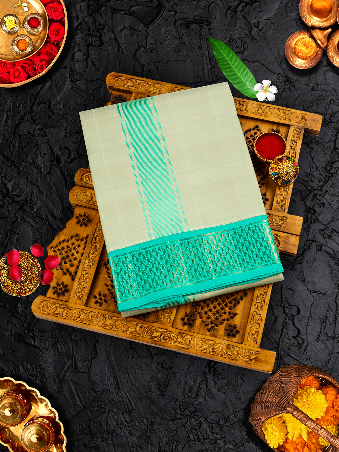 Premium Pure Silk Cream Dhoti With Angavastram 3" Blue Korvai Jari Border Agarshanaa