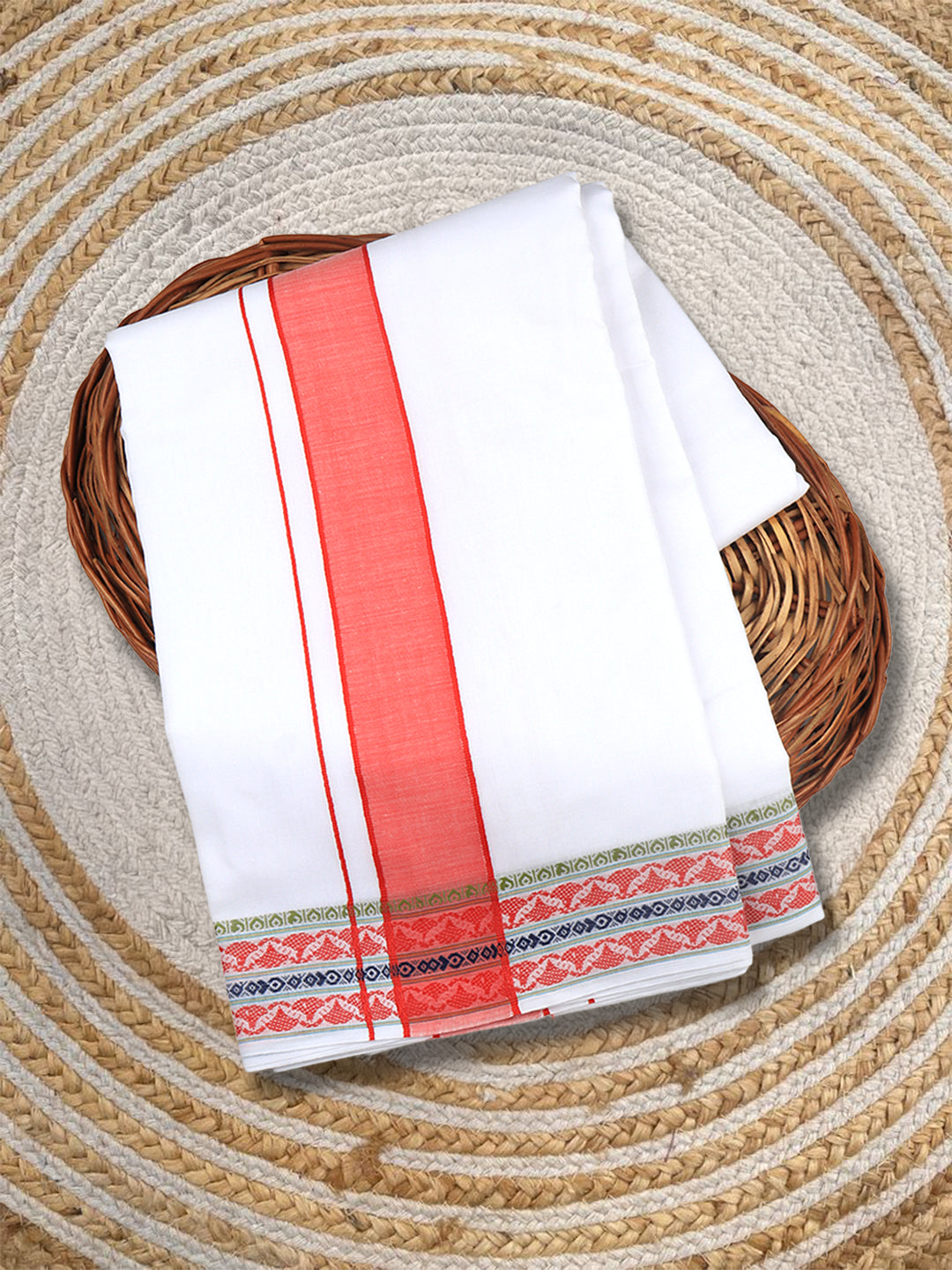 Men Cotton Red Fancy Border Panchakacham with Angavasthram Srirasthu(9+5) SR43