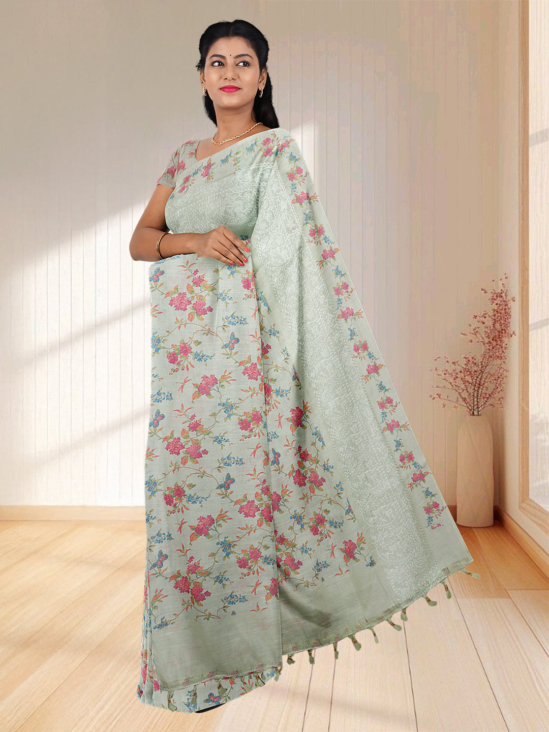 Women Semi Linen Saree Light Yellow SL208