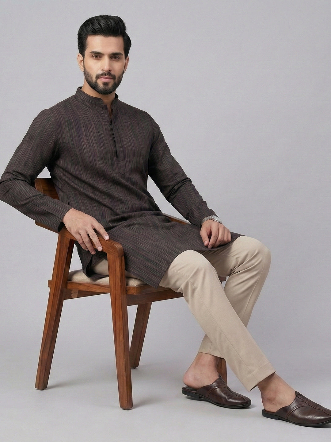 Men Cotton Medium Length Striped Pocket Kurta Brownish Black PE24