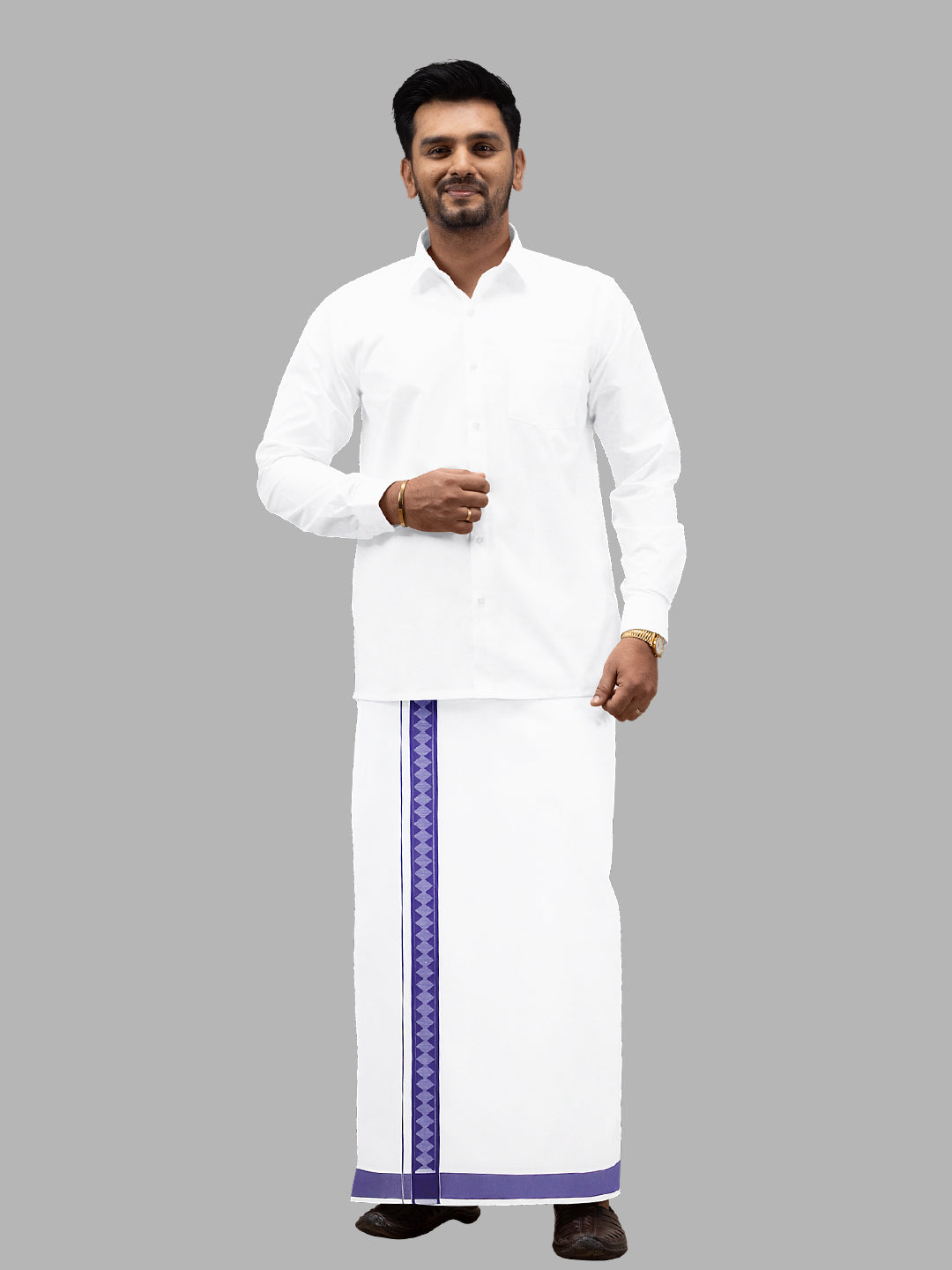 Men Cotton Blend Single Layer White Dhoti with Double Side Fancy Border HM 02