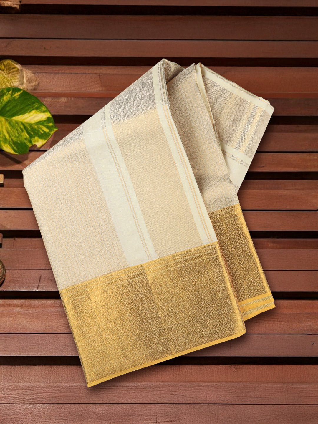 Men Elegant Premium Pure Silk Cream Dhoti & Towel Set with 6" inch Gold Jari Border Amirtham AM16