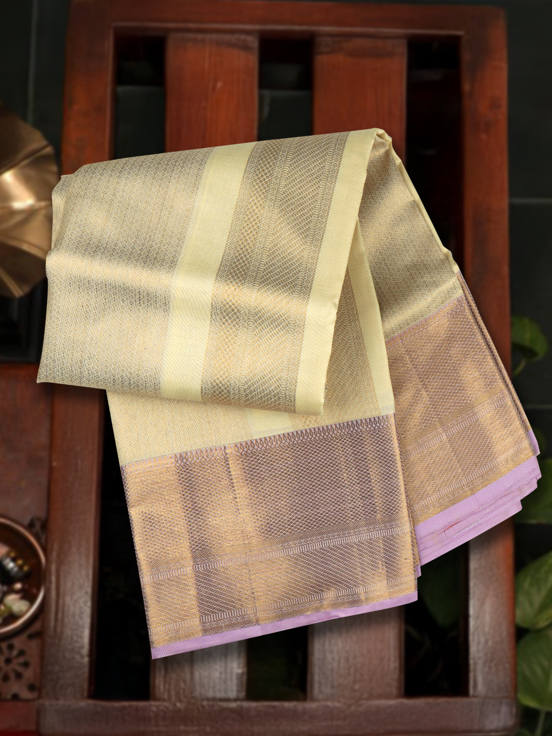 Men Elegant Premium Pure Silk Cream Dhoti & Towel Set with 6" inch Gold Jari Border Amirtham AM12