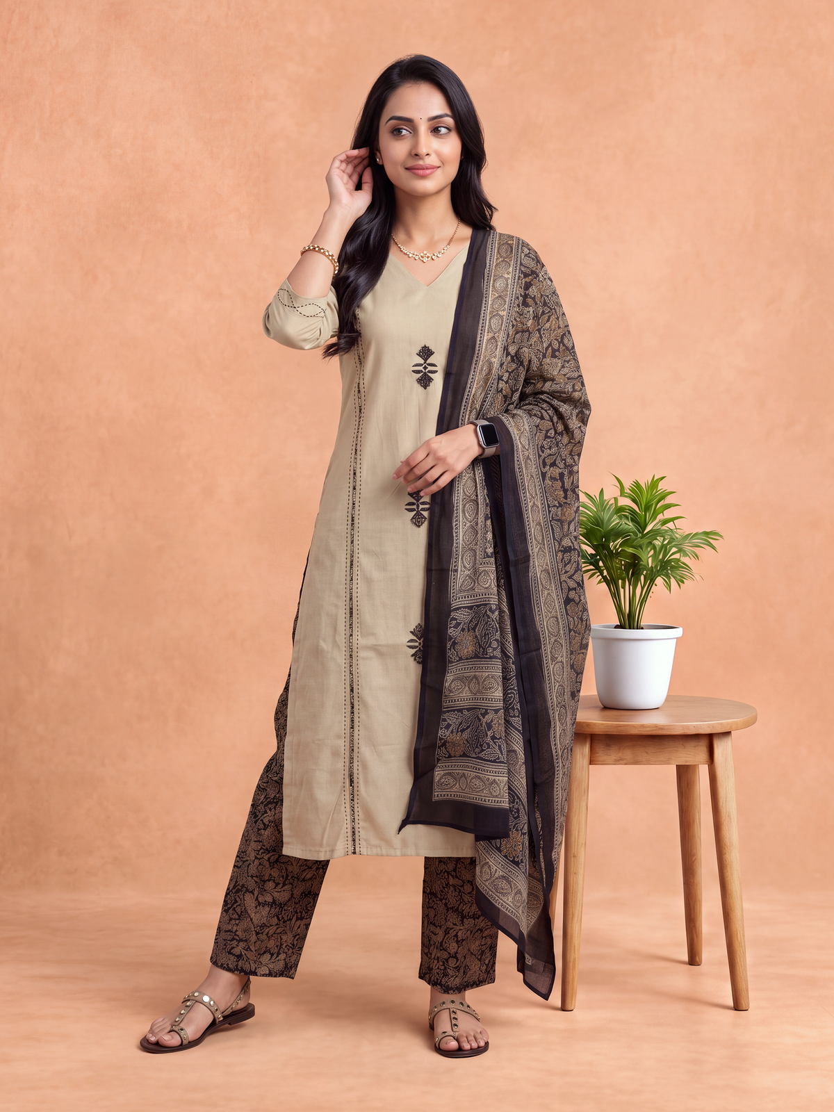 Women Floral Printed Beige Kurti Set EKS157