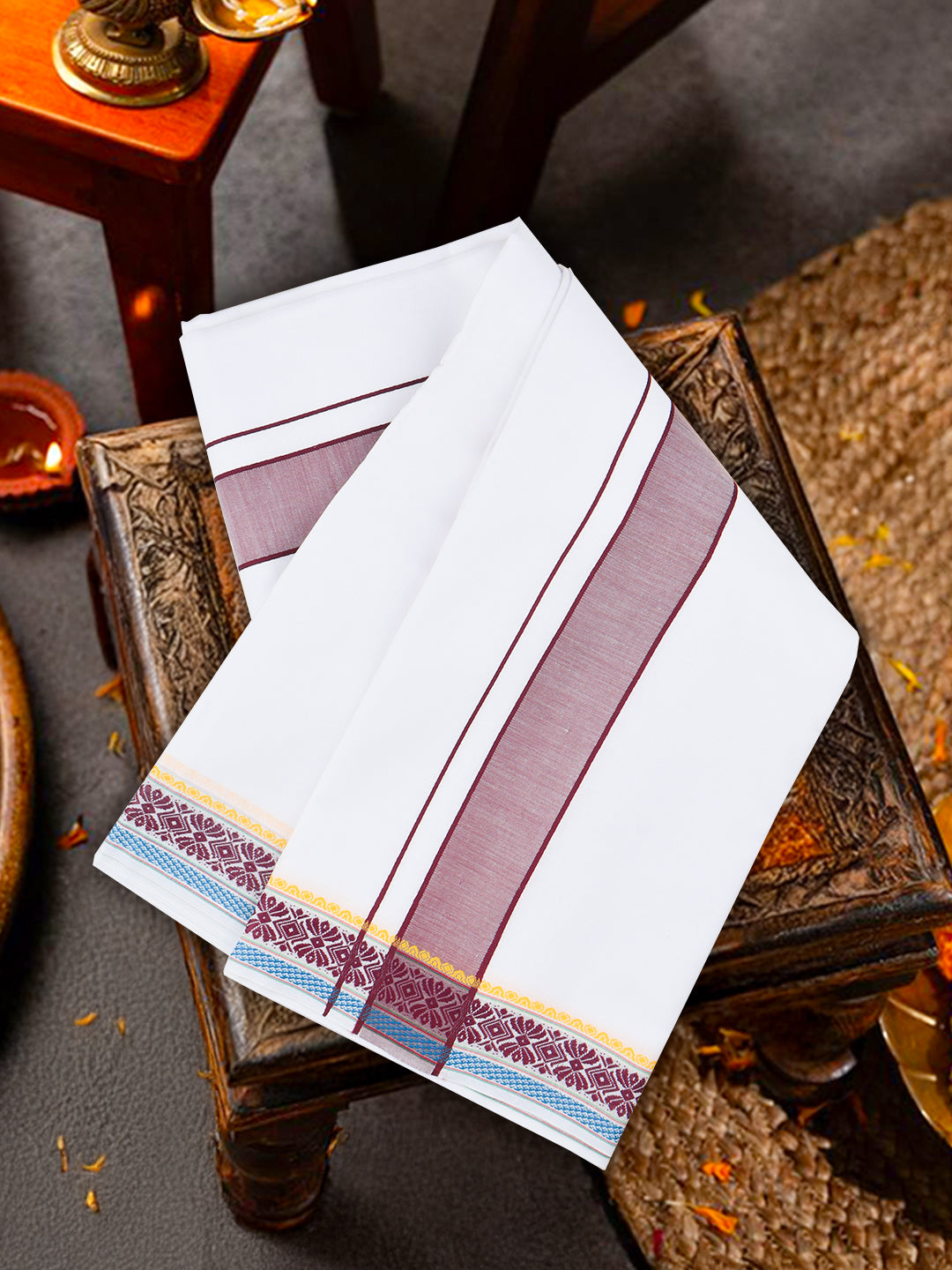 Men Cotton Purple Fancy Border Panchakacham with Angavasthram (9+5) JD12