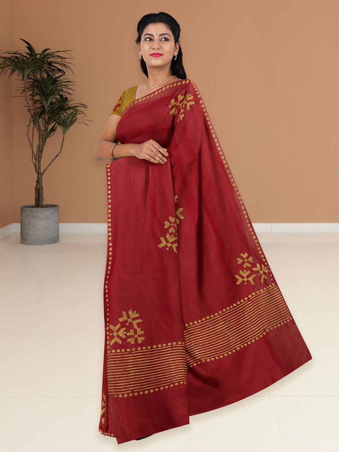 Women Dark Orange Cotton Saree with Double Blouse PCS211