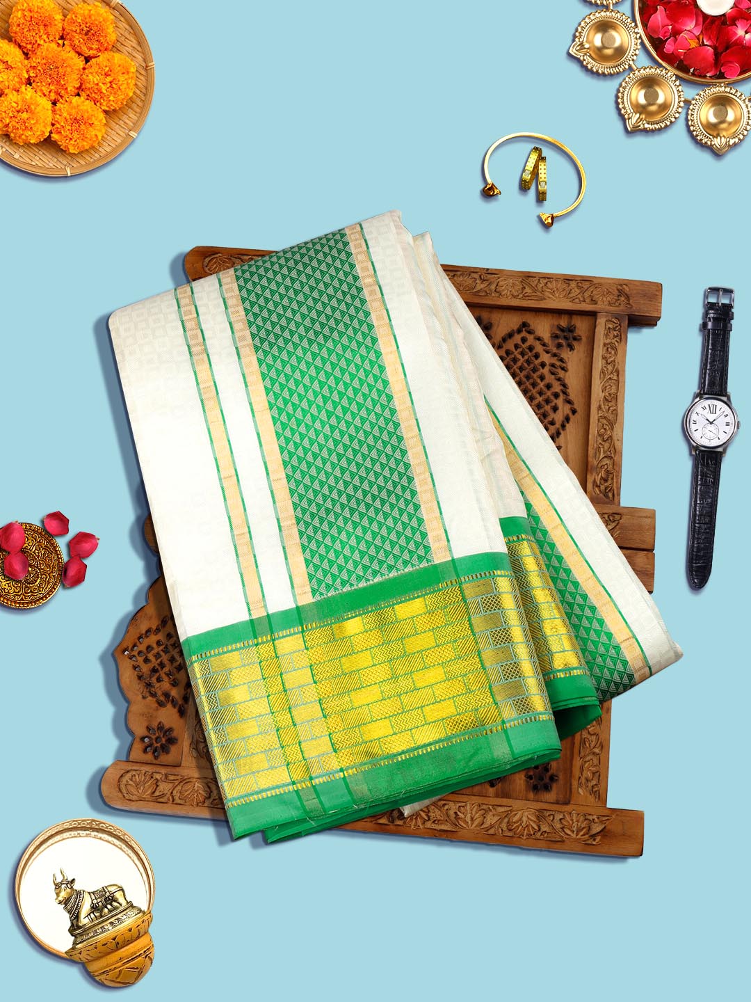 Mens Pure Silk Cream Embossed Design 3" green Jari Border With Towel Thirukalyan-View two