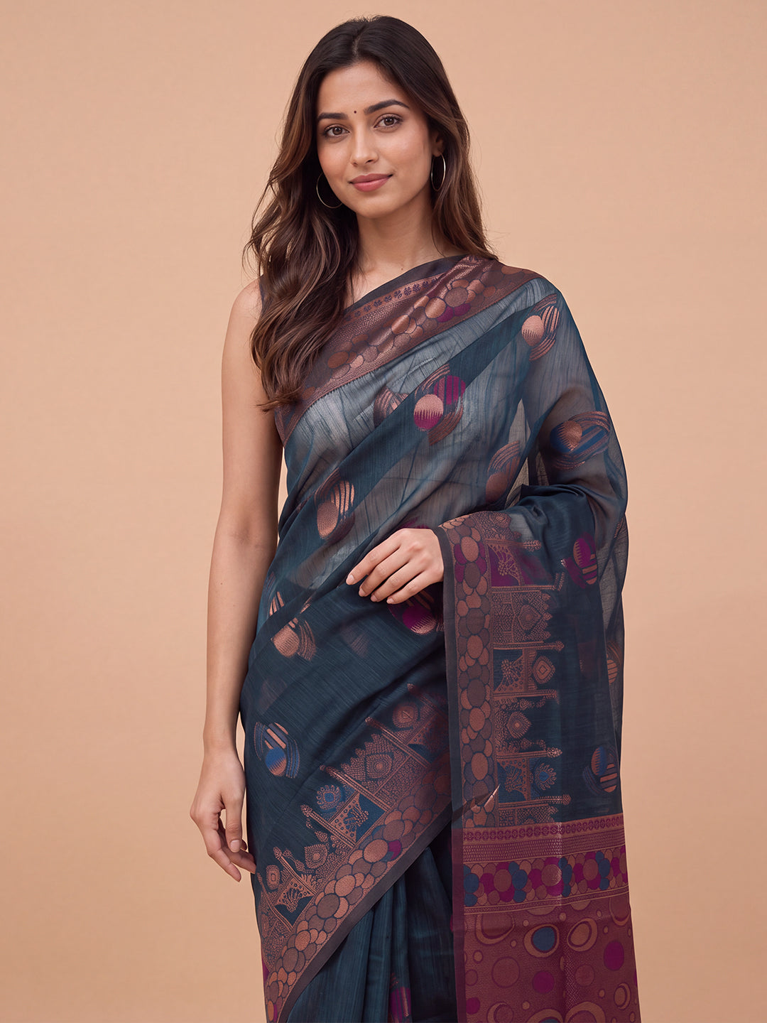 Women Spun Poly Teal Green Printed Saree SP20