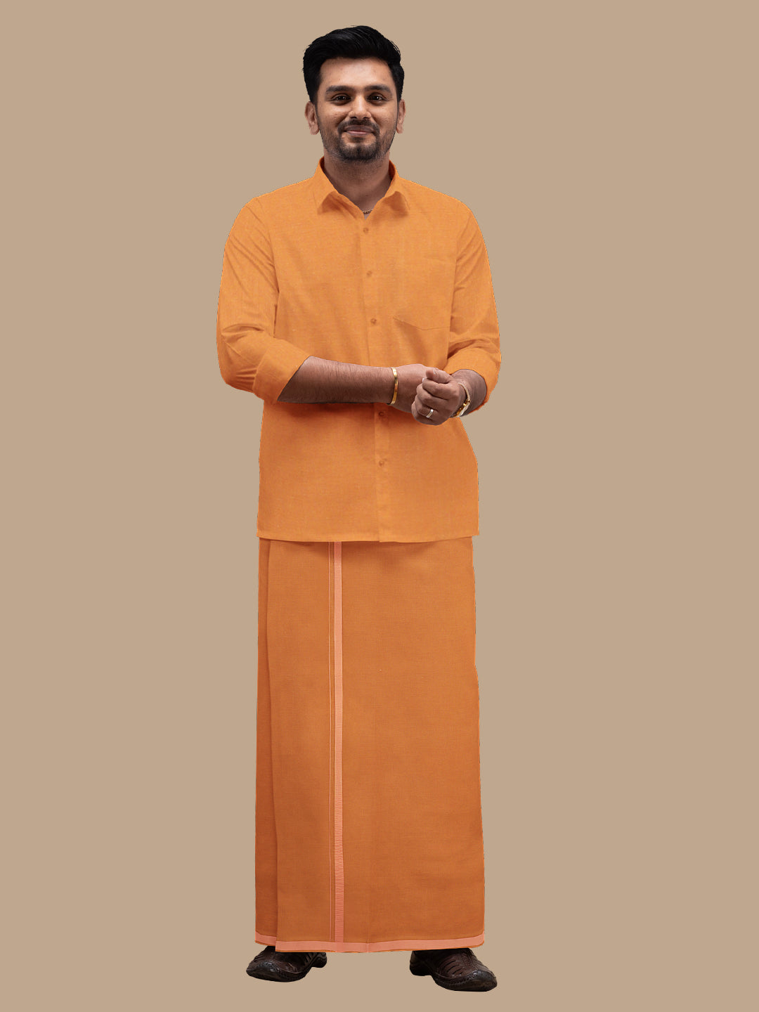 Men Assorted Border Readymade Single Layer Dhoti Kaavi
