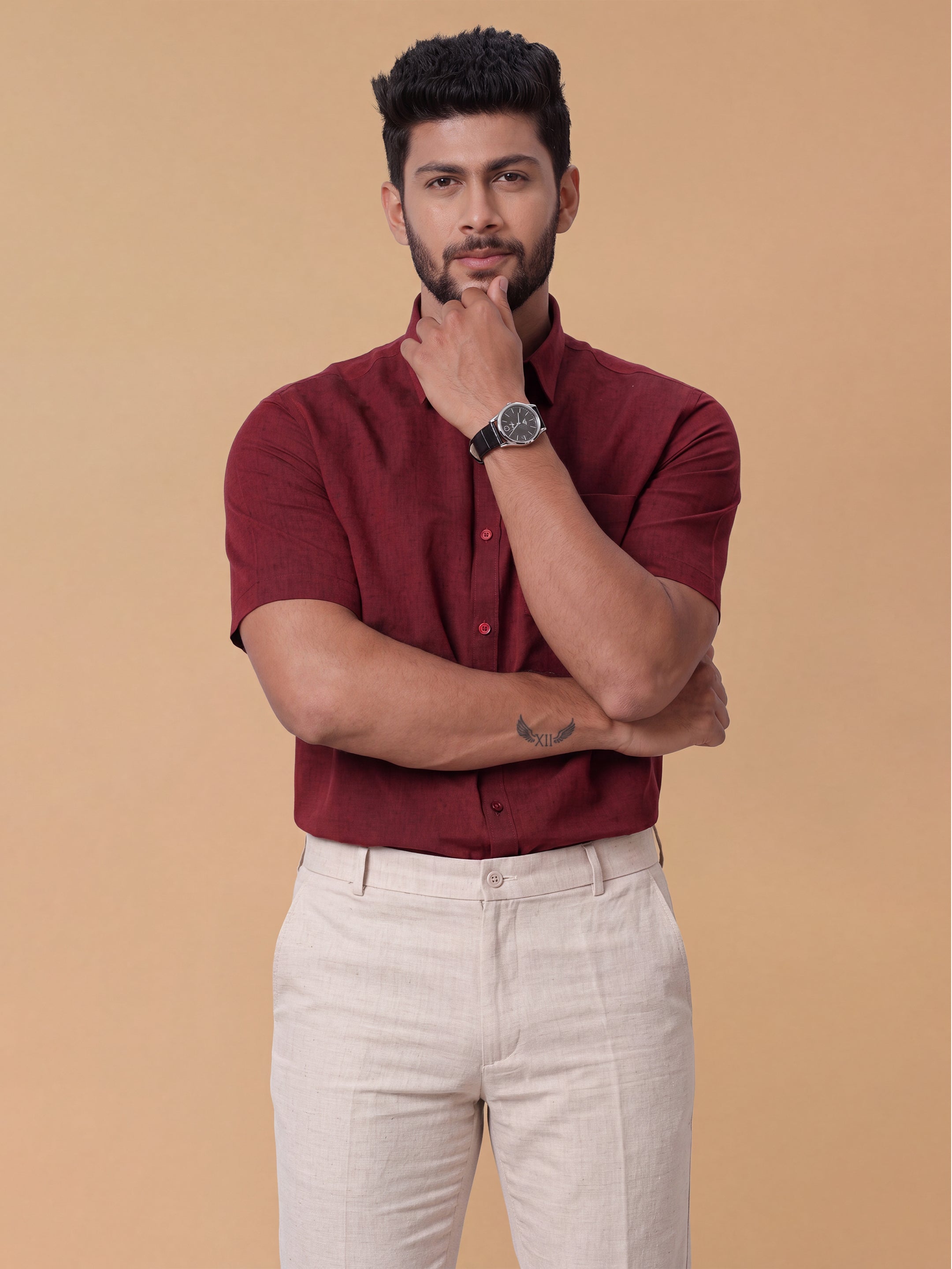 Linen Cotton Maroon Regular Fit Shirt LF14