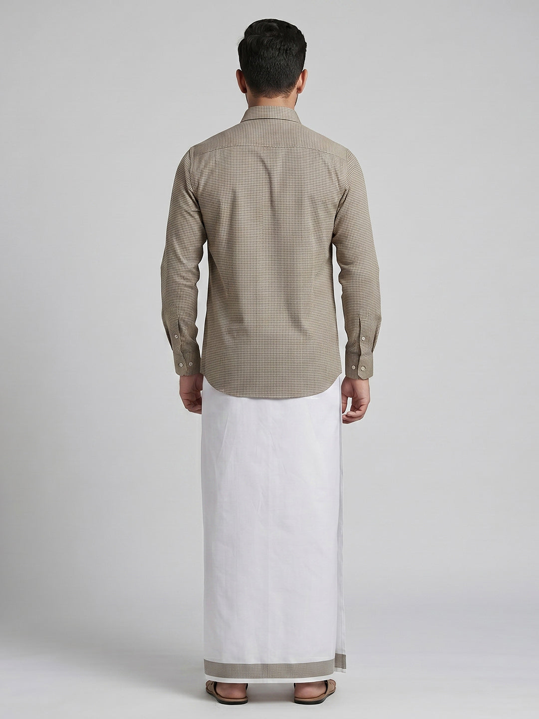 Men Light Grey Matching Border Dhoti With Printed Shirt Set Windsor HNJ2