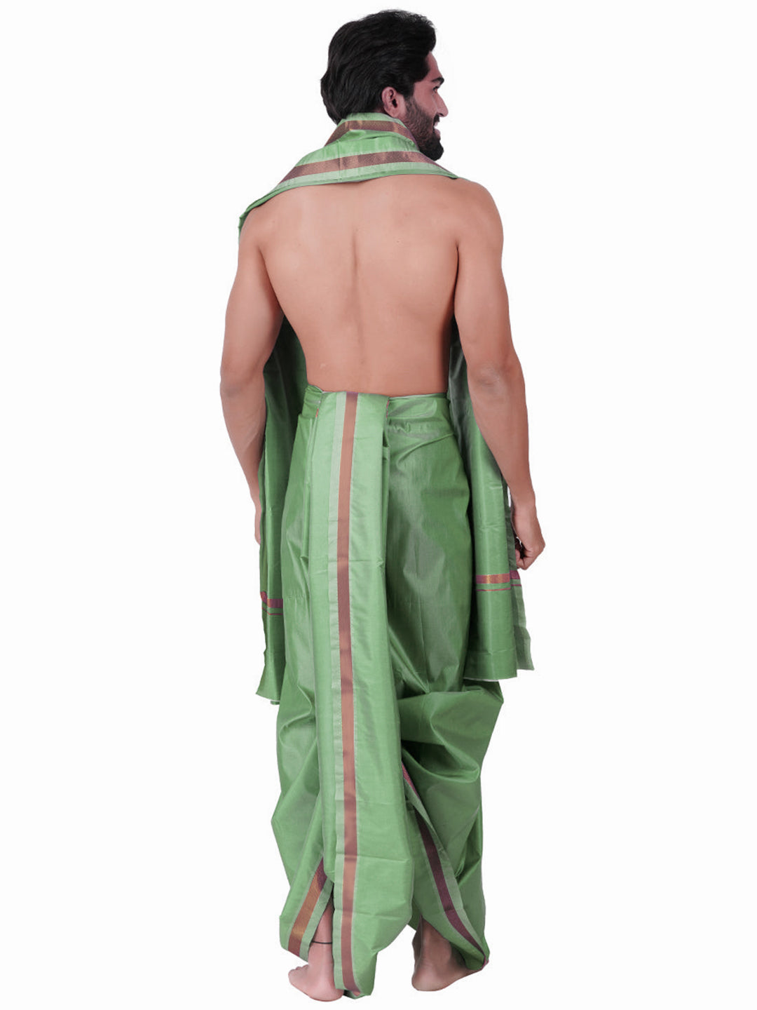 Mens Art Silk Panchakacham with Angavastram Jayadeva Silver (9+5) Green
