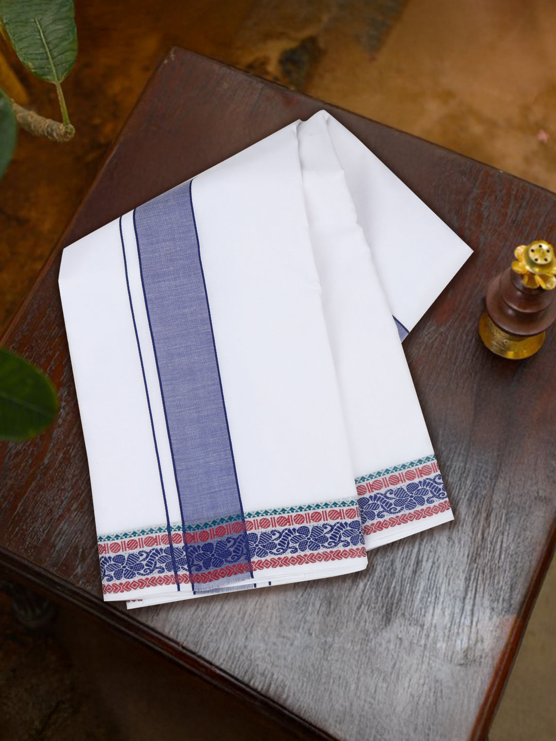 Men Cotton Navy Fancy Border Panchakacham with Angavasthram (9+5) JD10