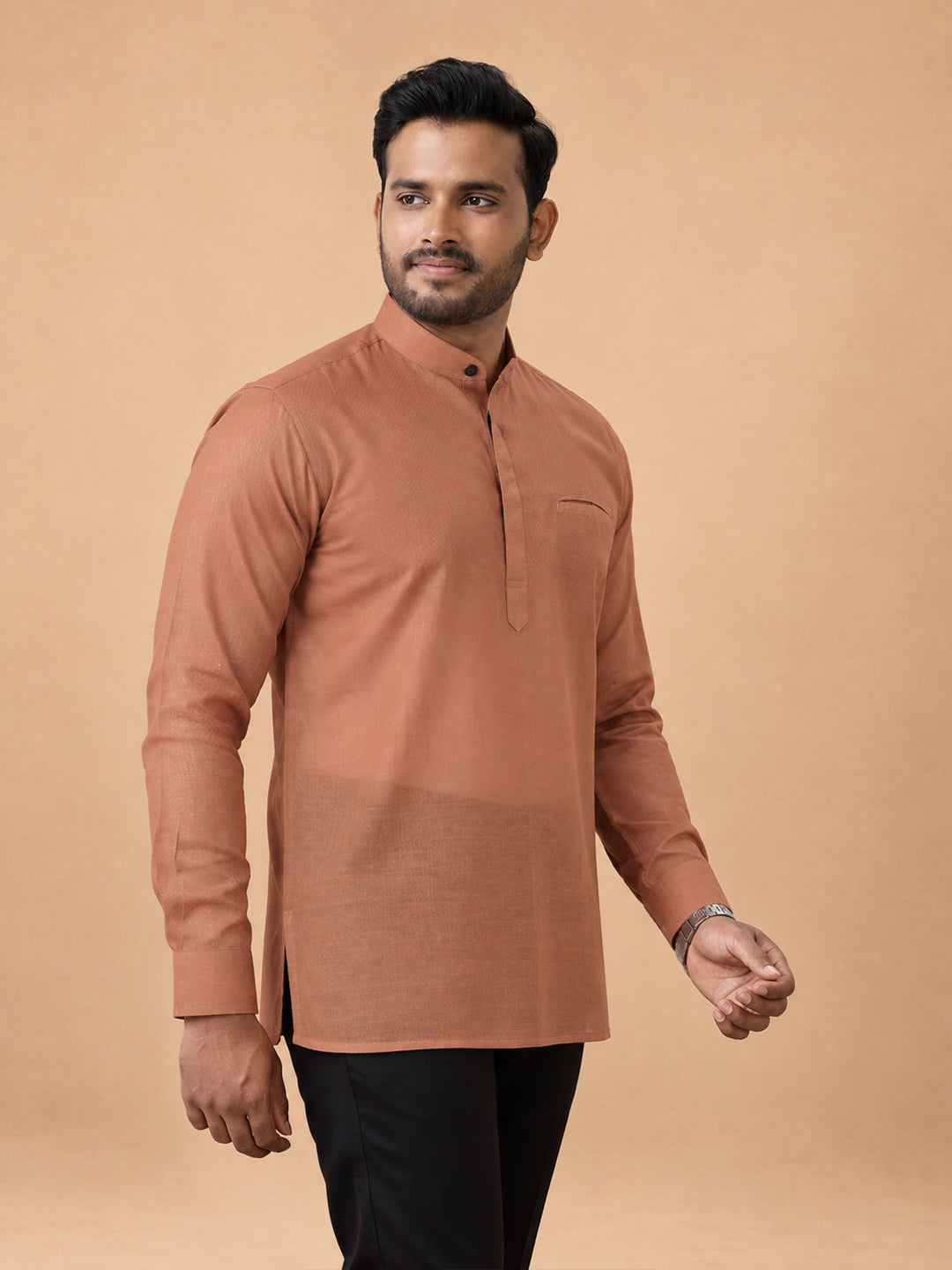 Cotton Short Length Self Design Pocket Kurta Peach Saffron RJ43