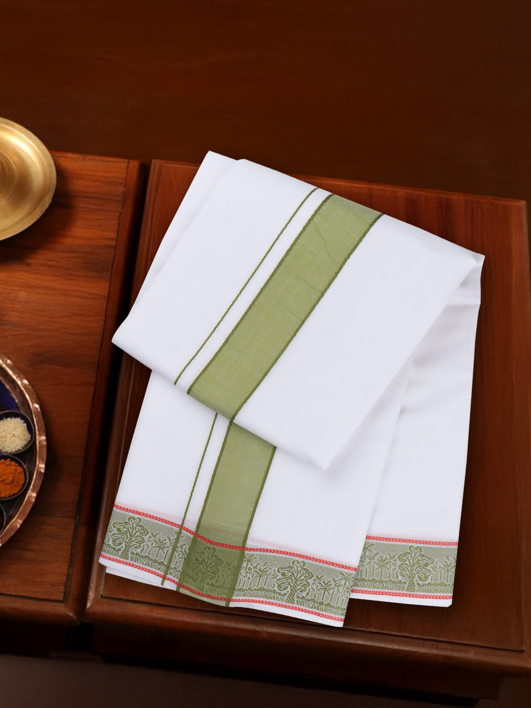 Men Cotton Green Fancy Border Panchakacham with Angavasthram Srirasthu(9+5) SR46