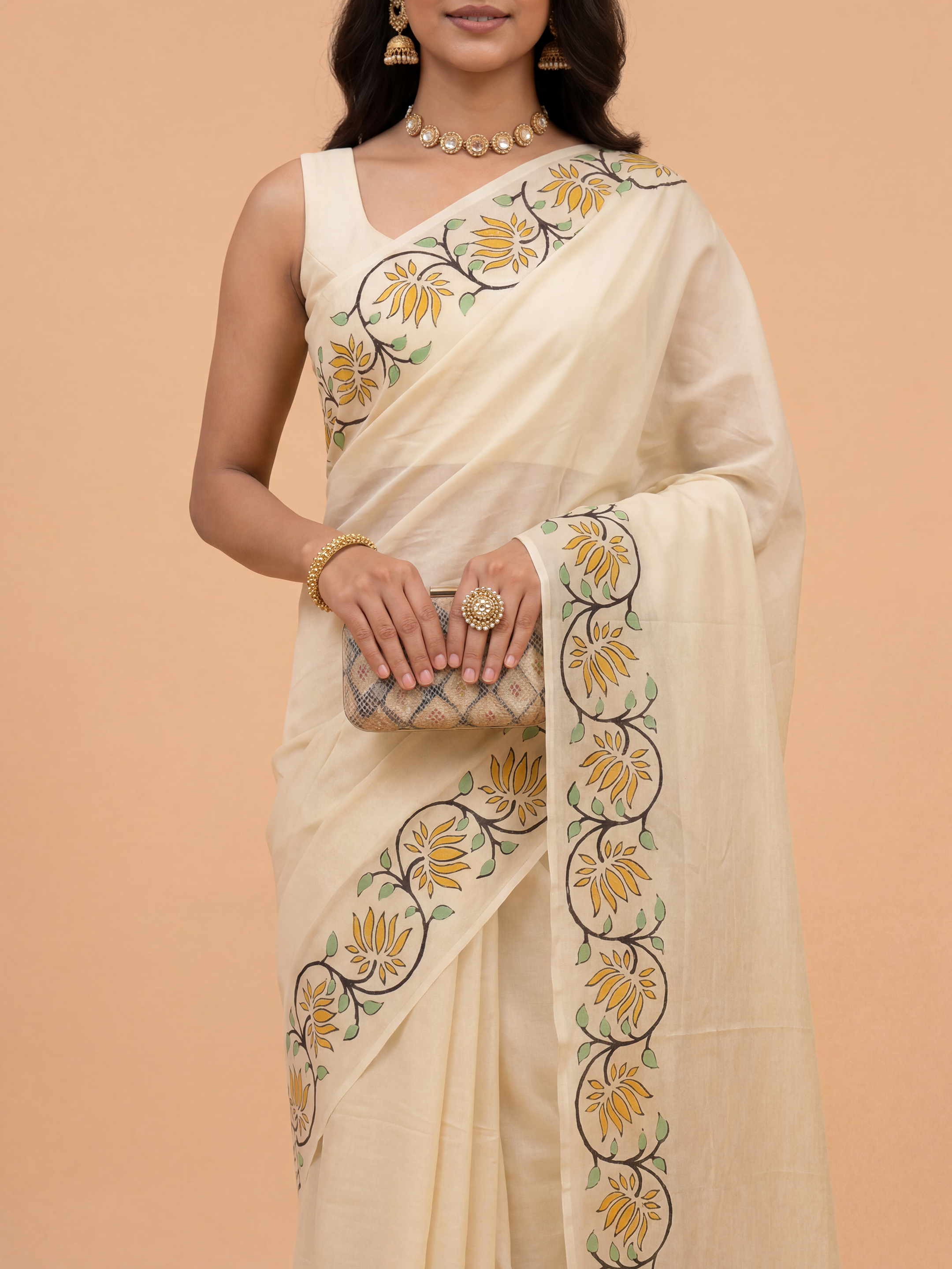 Women Pure Cotton Printed Off White Saree PCS265