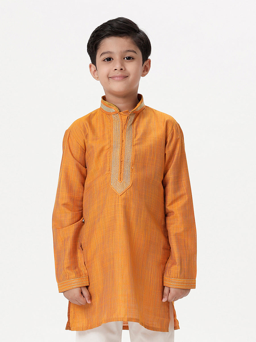 Boys Cotton Embellished Neckline Full Sleeves Orange Kurta